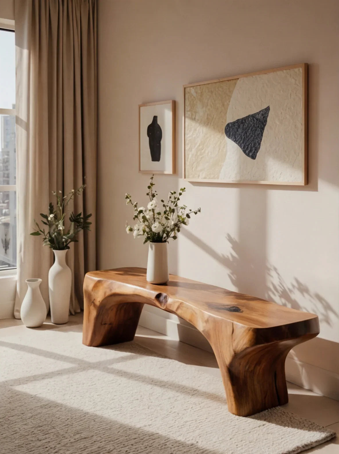 Solid wood live edge bench in modern living room with vases, floral decor, and abstract wall art